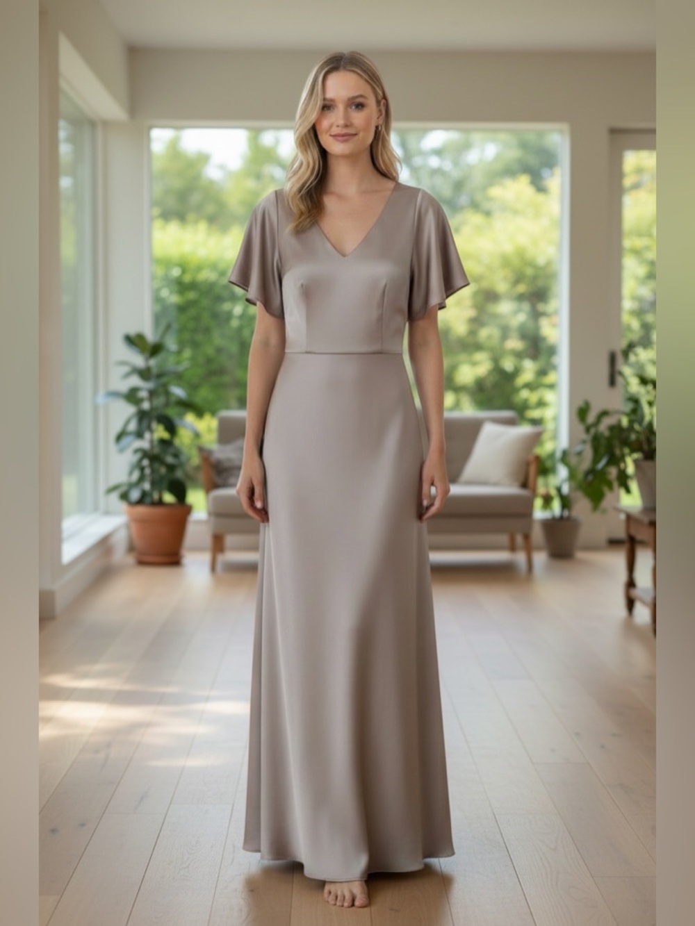 Amsale New V Neck Satin Gown In Light Bronze Gray Size 14